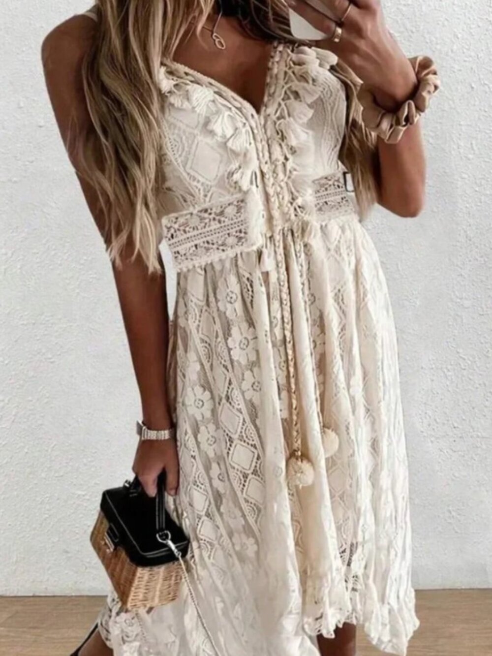 Cream Lace Maxi Dress with Pom Tassel Tie